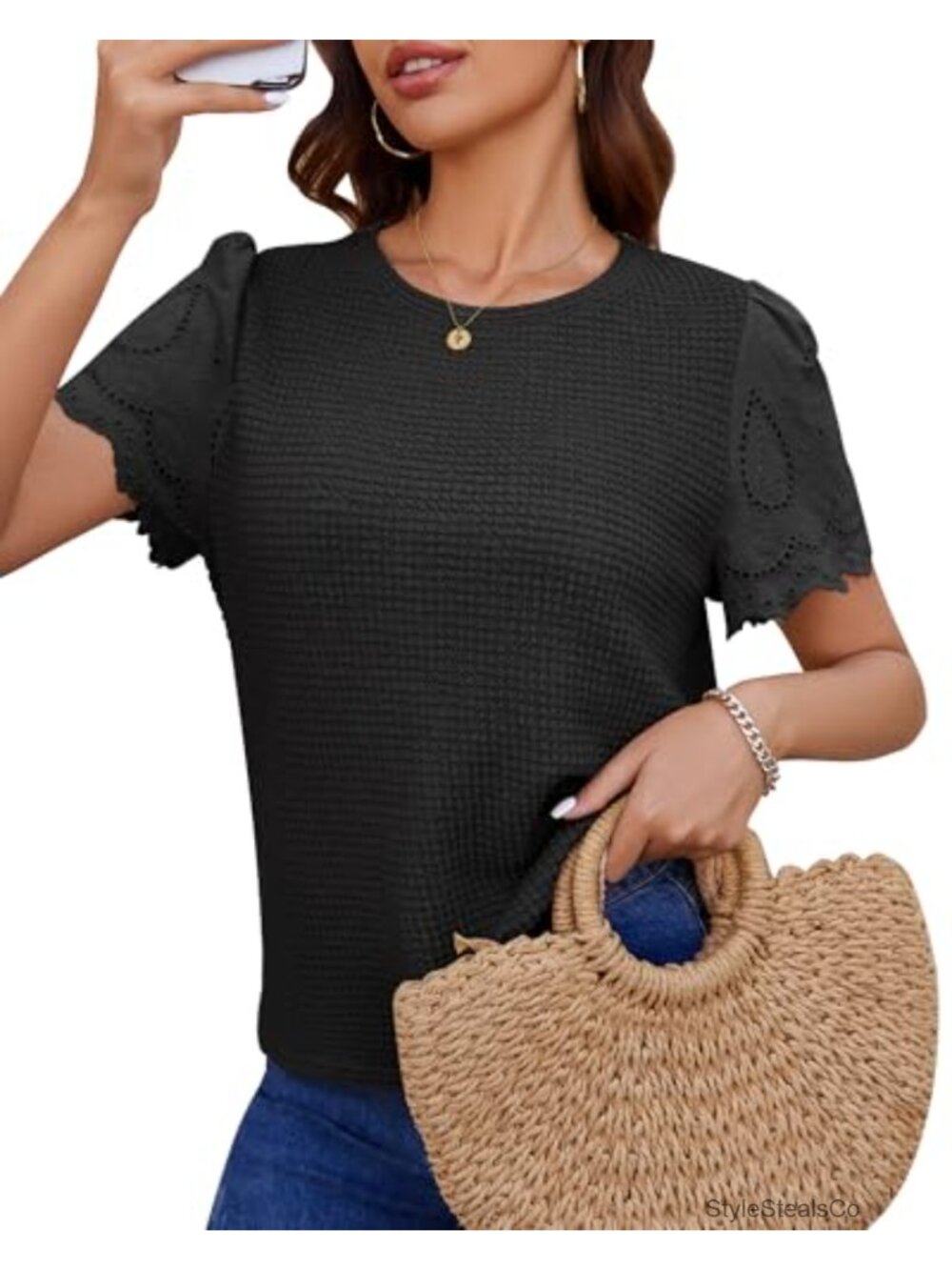Waffle Knit Crochet Lace Short Sleeve Top
